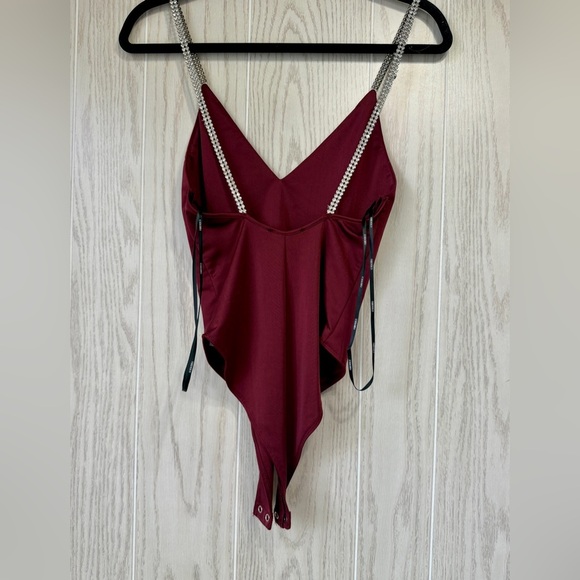 Forever 21 Maroon Satin Like Body Suit with Rhinestone Straps Size S NWOT - Picture 4 of 4
